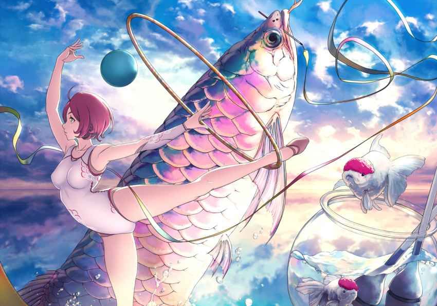 1girl arm_up ballerina ballet_slippers breasts closed_mouth clouds cloudy_sky detached_sleeves fish fishbowl hoop leotard medium_breasts original profile redhead reflection ribbon short_hair sky solo standing standing_on_one_leg stealthmaria sunrise yellow_eyes