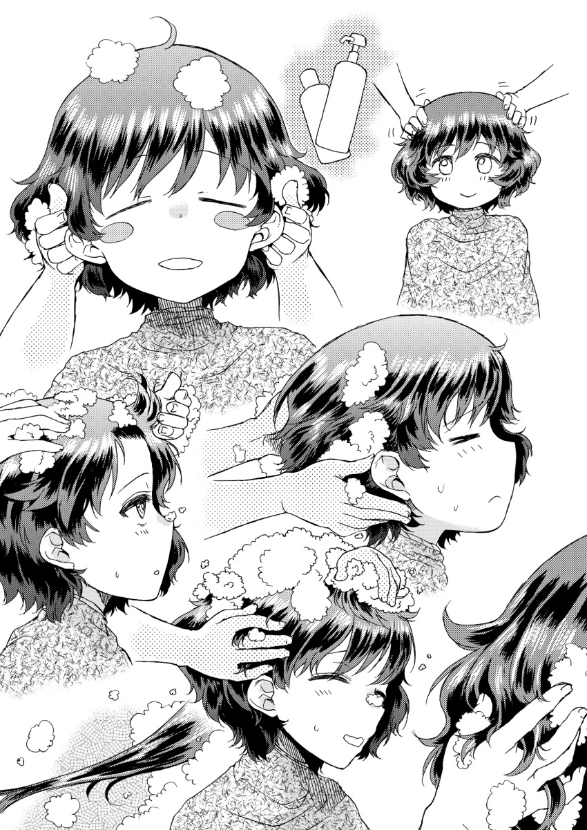 &gt;_&lt; 1girl :&gt; =_= adjusting_another's_hair akiyama_yukari barber blush_stickers disembodied_hands disembodied_limb doujinshi foam from_side frown girls_und_panzer hand_in_another's_hair hand_on_another's_head highres hirota_masatane messy_hair monochrome multiple_views screentones shampoo shampoo_bottle short_hair sitting white_background