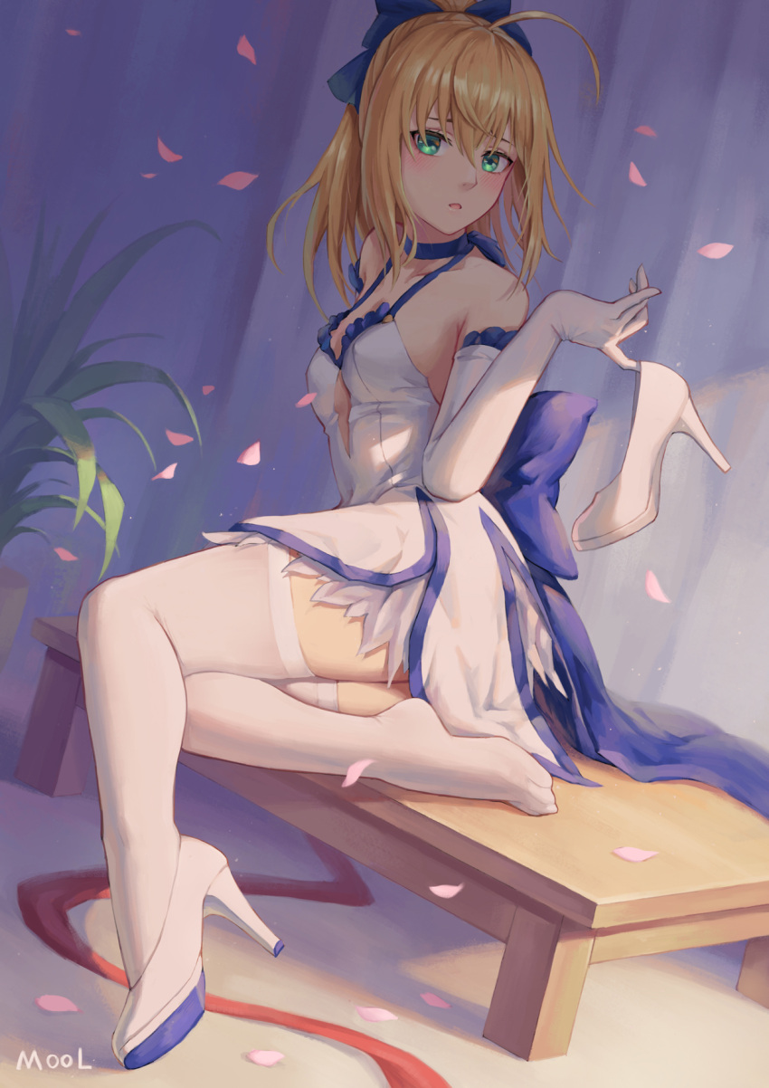 1girl :o ahoge alternate_costume artist_name artoria_pendragon_(all) bangs bare_shoulders blonde_hair blue_ribbon blush breasts choker dress fate/grand_order fate/stay_night fate_(series) green_eyes hair_between_eyes hair_ribbon halter_dress head_tilt high_heels highres holding_shoe long_hair looking_at_viewer medium_breasts mool_yueguang open_mouth petals plant potted_plant ribbon saber shoe_removed sidelocks sitting solo thigh-highs white_dress white_footwear white_legwear yokozuwari