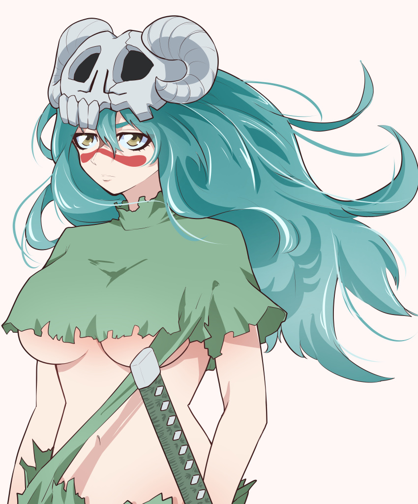 1girl absurdres bare_arms bleach breasts facial_mark green_hair highres jipponwazaari large_breasts long_hair messy_hair navel nelliel_tu_odelschwanck no_bra short_sleeves simple_background skull solo sword torn_clothes under_boob weapon white_background