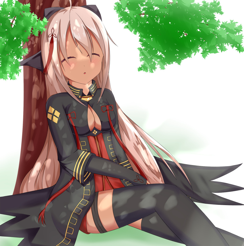 1girl :o against_tree arm_across_waist black_dress black_gloves black_legwear bow breasts cleavage cleavage_cutout commentary_request dappled_sunlight day dress elbow_gloves elbow_sleeve fate/grand_order fate_(series) feet_out_of_frame fingerless_gloves gloves grass hair_between_eyes hair_bow highres knee_up long_hair medium_breasts nazora_fc okita_souji_(alter)_(fate) okita_souji_(fate)_(all) on_ground outdoors pink_hair red_dress sitting sleeping solo sunlight tan thigh-highs thigh_strap tree under_tree very_long_hair