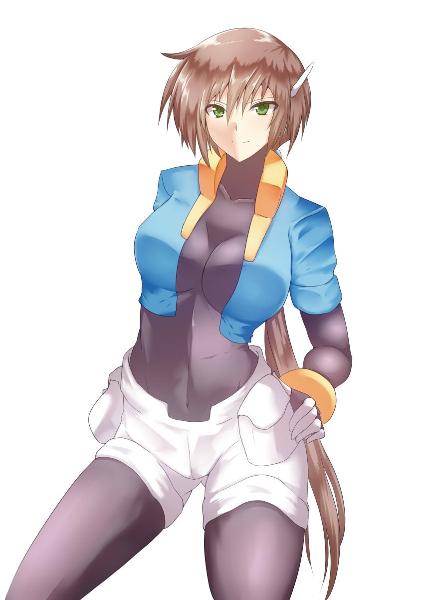 1girl absurdres aile bangs bodystocking bracelet breasts brown_hair contrapposto covered_navel cropped_jacket green_eyes hair_between_eyes hands_on_hips highres jewelry large_breasts long_hair looking_at_viewer ponytail robot_ears rockman rockman_zx rockman_zx_advent shorts simple_background skin_tight smile solo tgxx3300 white_background white_shorts