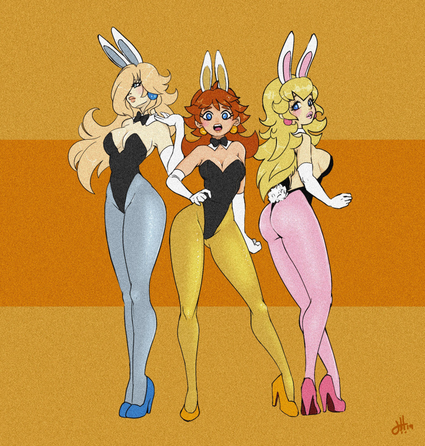 3girls animal_ears ass bangs bare_shoulders black_leotard black_neckwear blonde_hair blue_earrings blue_eyes blue_footwear blue_legwear bow bowtie breasts brown_hair bunny_tail bunnysuit cleavage contrapposto detached_collar earrings elbow_gloves enchant fake_animal_ears gloves hair_over_one_eye hand_on_hip hand_up high_heels highres jewelry large_breasts leotard lips long_hair looking_at_viewer super_mario_bros. multiple_girls nintendo open_mouth pantyhose parted_lips pink_earrings pink_footwear pink_legwear princess_daisy princess_peach rabbit_ears rosalina sideboob standing strapless strapless_leotard super_mario_bros. super_mario_galaxy tail very_long_hair white_gloves yellow_earrings yellow_footwear yellow_legwear