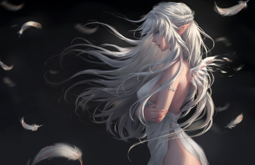 1girl angel angel_wings armlet blood blue_eyes braid breasts chuby_mi crossed_arms dress feathers floating_hiar from_side highres large_breasts long_hair looking_afar parted_lips pointy_ears solo white_dress white_hair wind wings