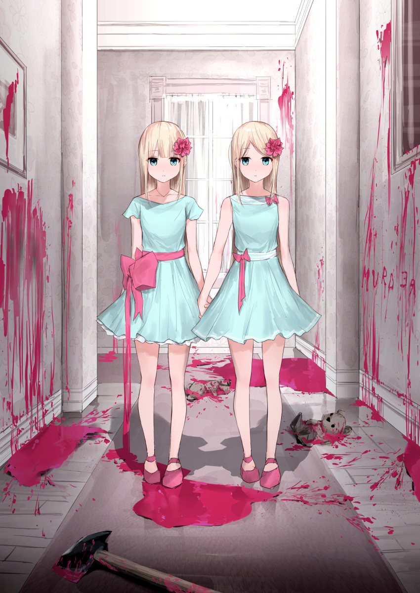 2girls axe bangs bare_arms bare_legs bare_shoulders blonde_hair blood blue_dress blue_eyes closed_mouth collarbone commentary_request dress expressionless flower grady_sisters_(the_shining) hair_flower hair_ornament hand_holding highres indoors jewelry kanju long_hair looking_at_viewer multiple_girls necklace original parted_bangs pink_flower pink_footwear pink_ribbon ribbon shoes short_sleeves side-by-side sleeveless sleeveless_dress standing stuffed_animal stuffed_toy teddy_bear the_shining thighs