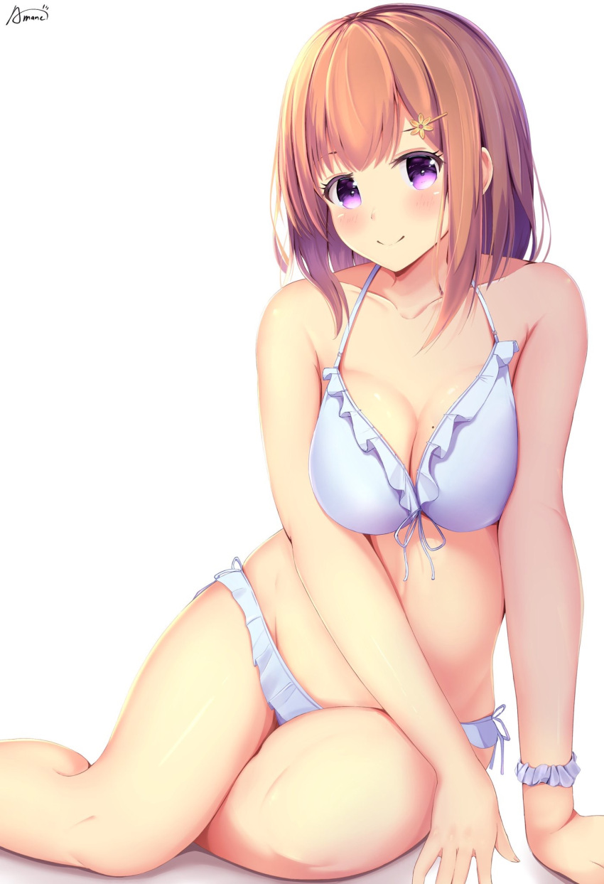 1girl amane_1906 artist_name blush breasts brown_hair cleavage frills highres mole mole_on_breast original school_uniform short_hair simple_background sitting smile swimsuit thighs violet_eyes white_background white_wristband
