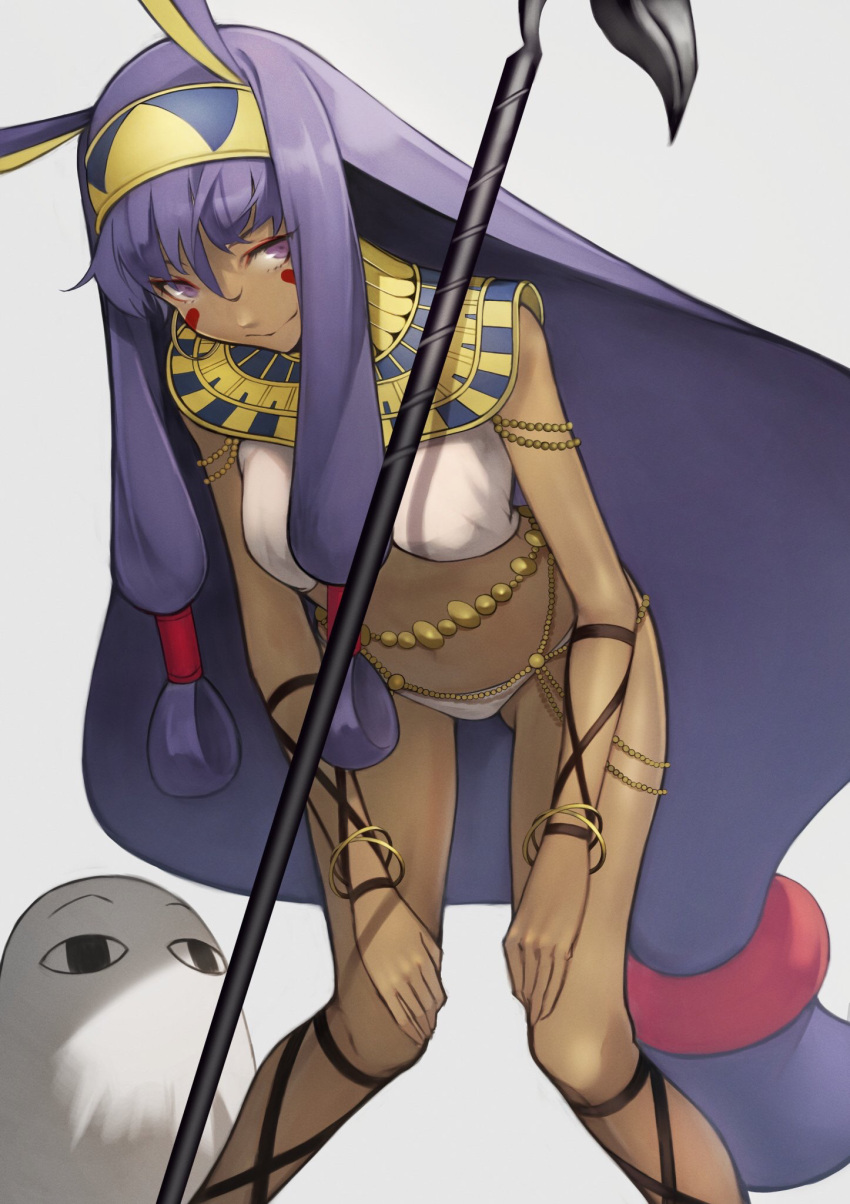 1girl 55level animal_ears bangs bare_arms bare_legs breasts dark_skin earrings facial_mark fate/grand_order fate_(series) hairband highres hoop_earrings jackal_ears jewelry large_breasts long_hair looking_at_viewer navel nitocris_(fate/grand_order) purple_hair sidelocks smile solo staff very_long_hair violet_eyes