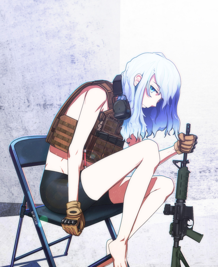 1girl assault_rifle barefoot bike_shorts blue_eyes blue_hair chair commentary english_commentary folding_chair gloves gun headset highres holding holding_gun holding_weapon load_bearing_vest long_hair looking_at_viewer m4_carbine original rifle robota81 sitting weapon