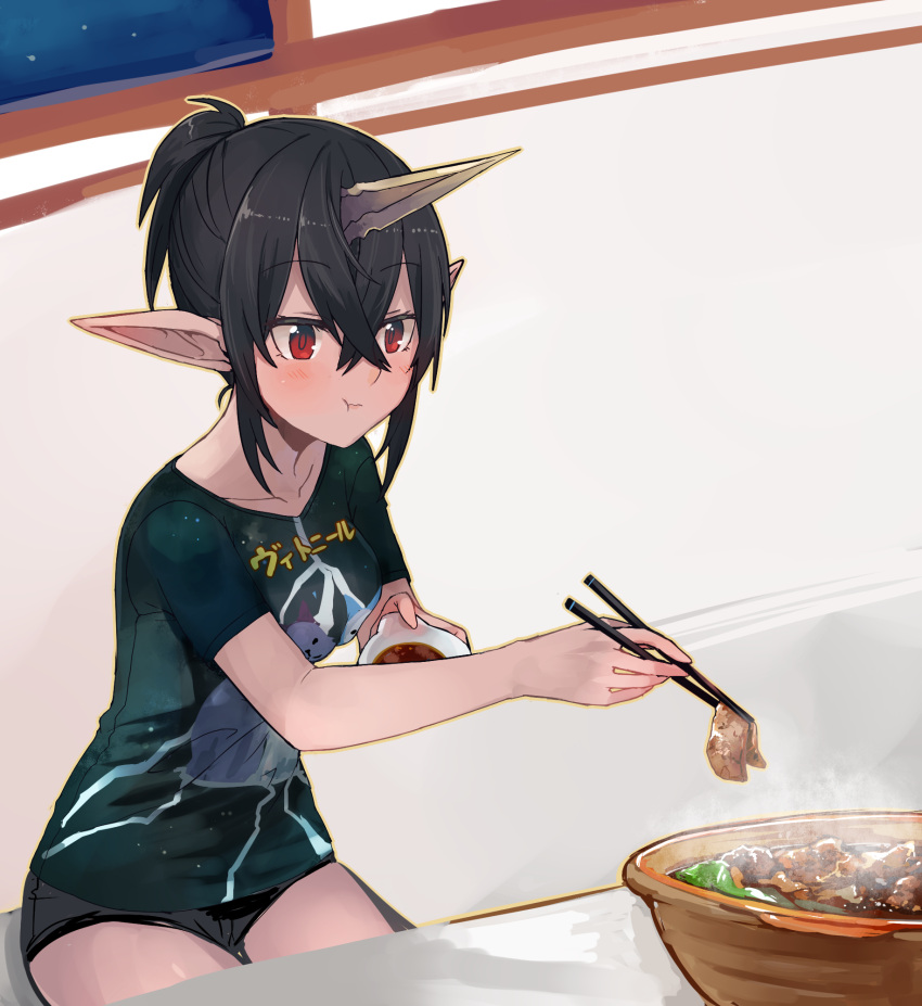 1girl black_hair black_shirt black_shorts blush chopsticks contemporary eating food furud hair_between_eyes highres indoors kusanagi_kaoru night pixiv_fantasia pixiv_fantasia_last_saga pointy_ears red_eyes shirt short_hair short_shorts shorts sidelocks simple_background sitting solo soy_sauce t-shirt table window