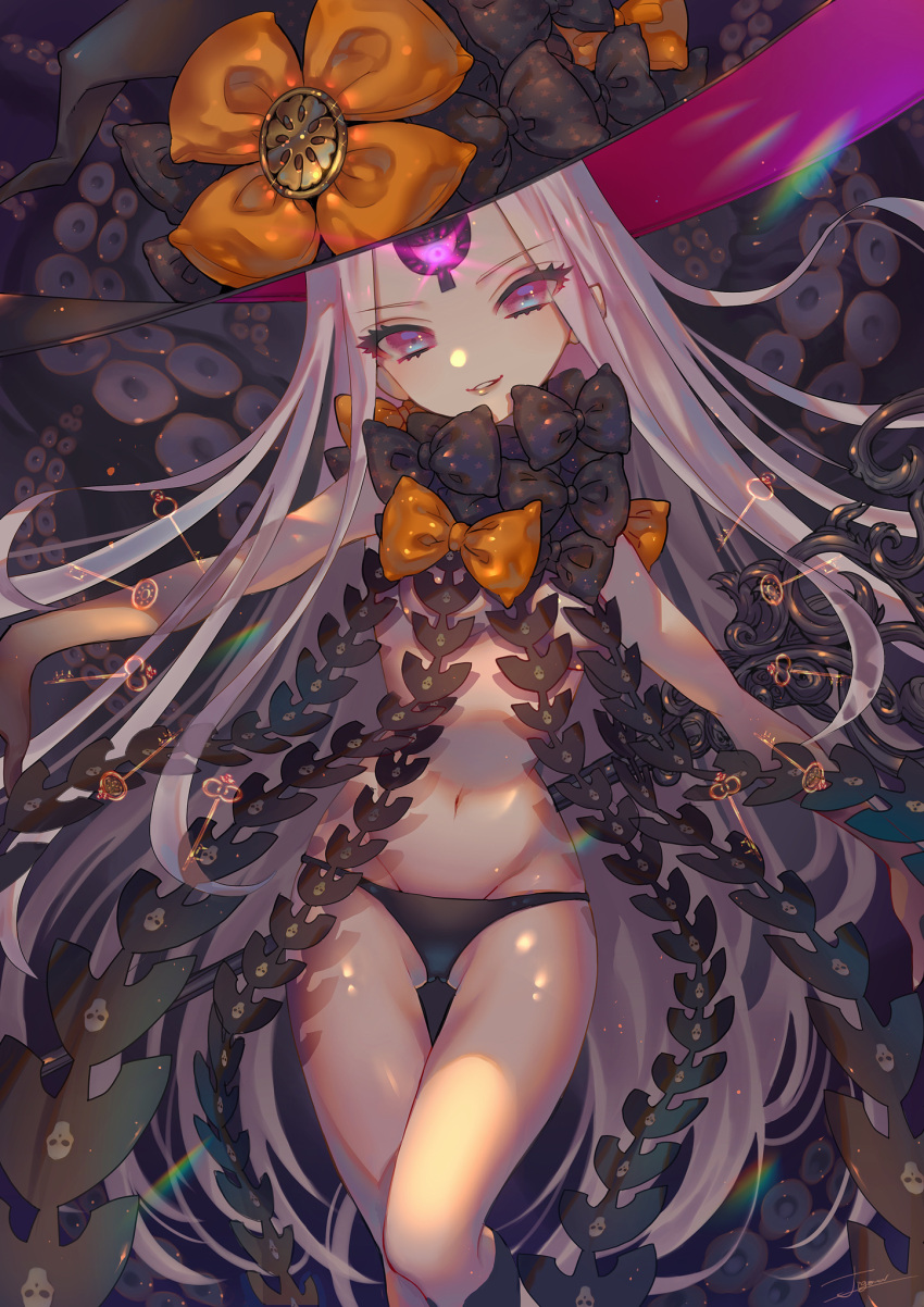 1girl abigail_williams_(fate/grand_order) bangs bare_arms black_bow black_headwear black_panties blue_eyes bow breasts commentary_request eyebrows_visible_through_hair eyes fate/grand_order fate_(series) flower glowing glowing_eyes hair_flower hair_ornament hat highres jigenn long_hair looking_at_viewer medium_breasts navel orange_bow panties parted_bangs polka_dot polka_dot_bow solo tentacle underwear very_long_hair violet_eyes white_hair witch_hat