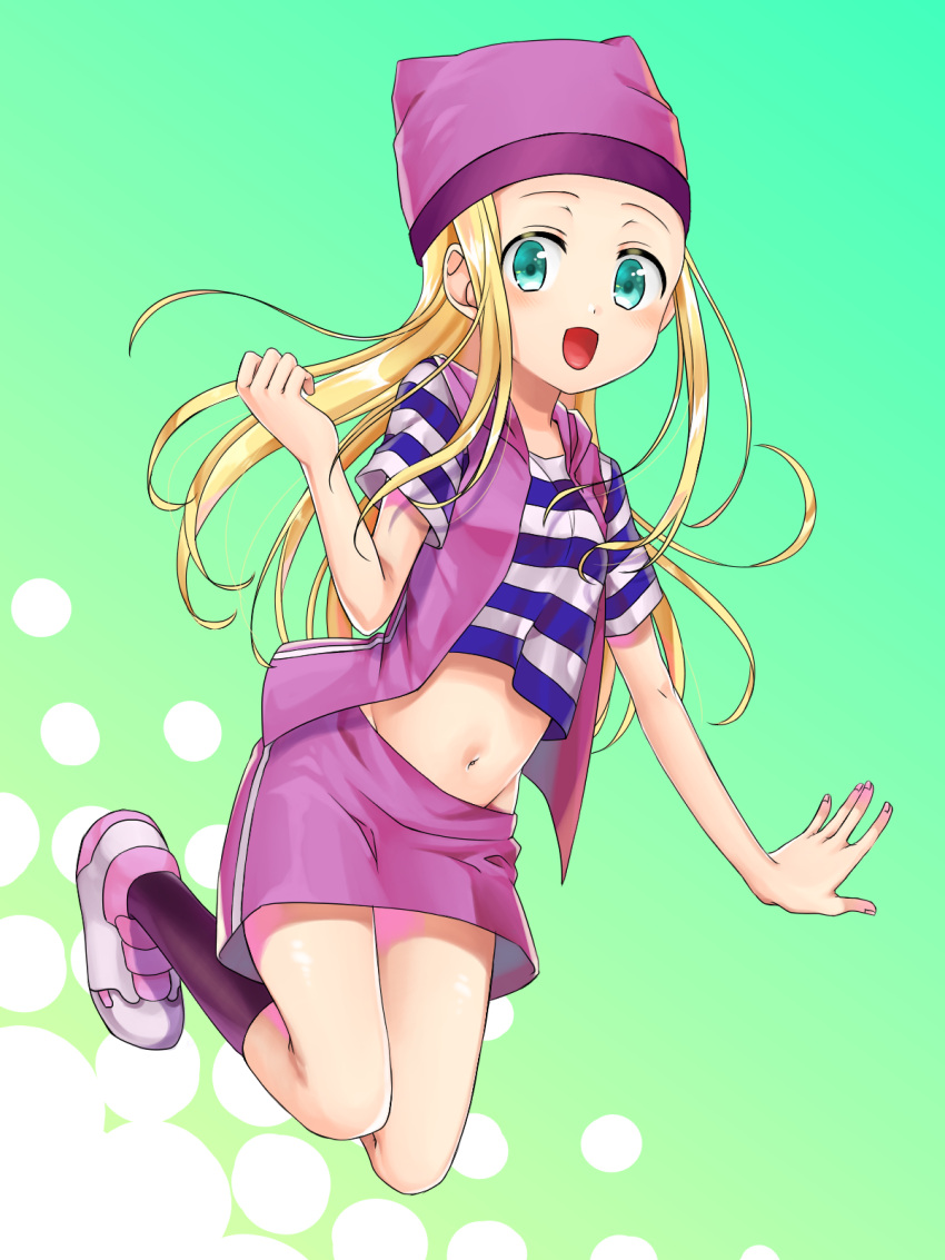 1girl blonde_hair blush breasts commentary_request digimon digimon_frontier full_body green_eyes groin hat highres long_hair looking_at_viewer midriff minamikuru navel open_mouth orimoto_izumi shirt skirt small_breasts smile socks solo striped striped_shirt