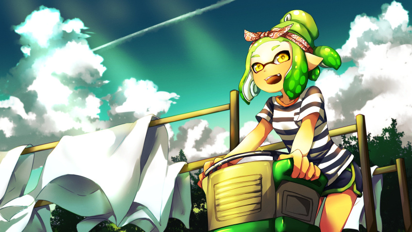 1girl absurdres bandanna black_shorts clouds cloudy_sky condensation_trail day domino_mask fangs green_hair highres houzuki_ringo inkling laundry leaning_forward looking_at_viewer mask open_mouth outdoors shirt shorts sky smile solo splatoon_(series) standing striped striped_shirt tentacle_hair tied_hair tree white_shirt yellow_eyes