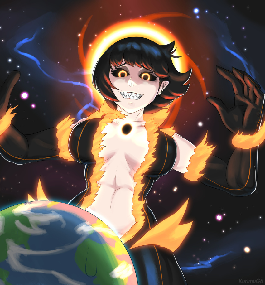 1girl absurdres black_gloves black_hole black_sclera blackhole-chan breasts ear_piercing earrings earth elbow_gloves evil_grin evil_smile giantess gloves glowing glowing_eyes grin highres huge_filesize jewelry kurimug6 large_breasts m87_black_hole navel no_bra orange_eyes original personification piercing planet plunging_neckline sharp_teeth short_hair smile solo space teeth yandere