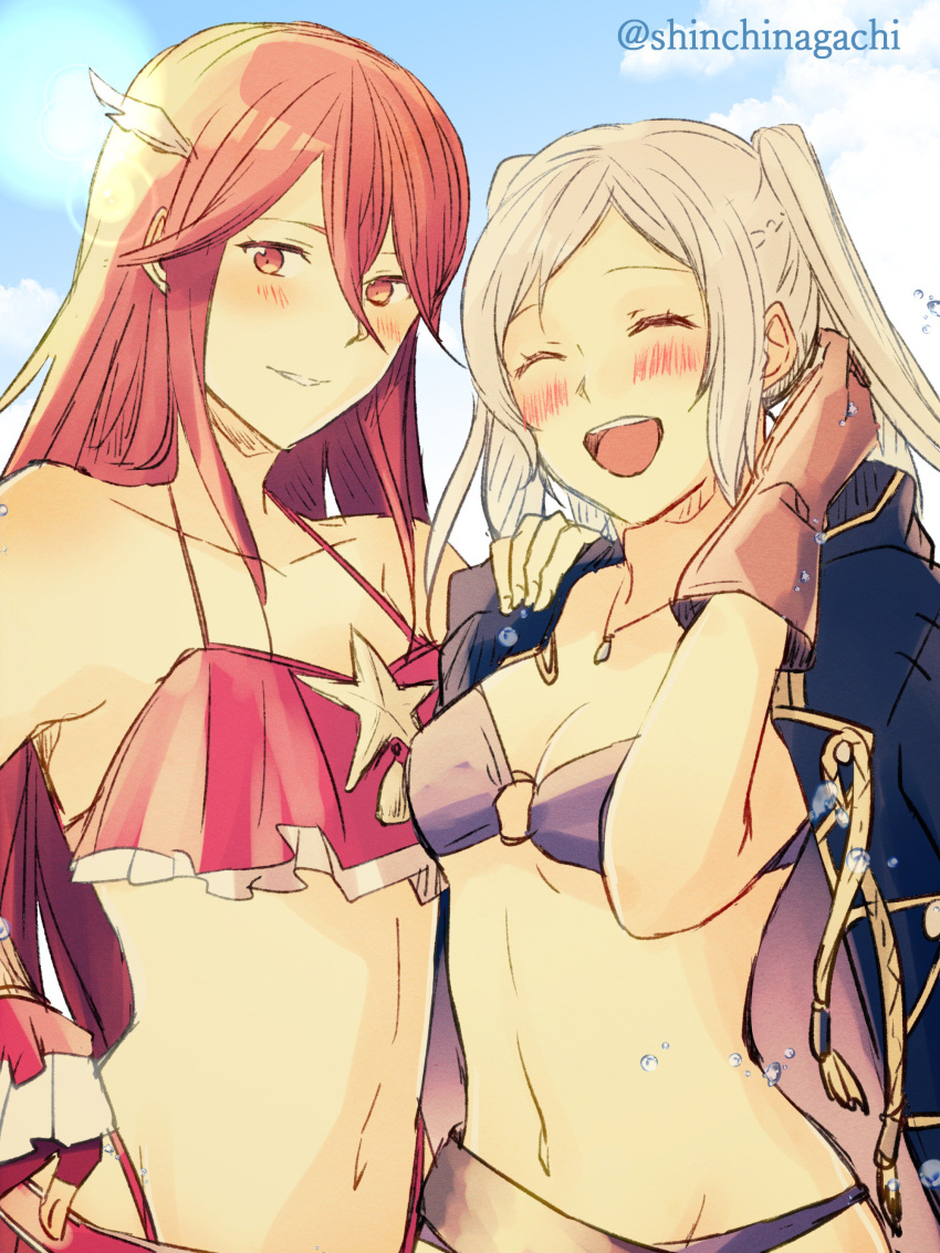 2girls absurdres bikini blue_sky blush breasts brown_gloves cleavage closed_eyes clouds cute day female_my_unit_(fire_emblem:_kakusei) fire_emblem fire_emblem:_kakusei fire_emblem_heroes gloves hair_ornament highres intelligent_systems long_hair looking_at_viewer medium_breasts multiple_girls my_unit_(fire_emblem:_kakusei) navel nintendo nishimura_(nianiamu) o-ring o-ring_bikini open_mouth parted_lips purple_bikini red_bikini red_eyes redhead reflet sky small_breasts smile swimsuit cordelia_(fire_emblem) twintails twitter_username upper_body white_hair
