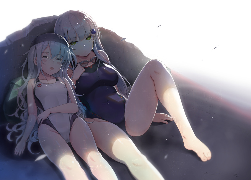 akahito bangs blunt_bangs blush breasts competition_swimsuit eyebrows_visible_through_hair facial_mark g11_(girls_frontline) girls_frontline goggles goggles_around_neck green_eyes hair_between_eyes hair_ornament highres hk416_(girls_frontline) knee_up long_hair looking_at_viewer medium_breasts multiple_girls one-piece_swimsuit open_mouth shade silver_hair sitting swimsuit very_long_hair