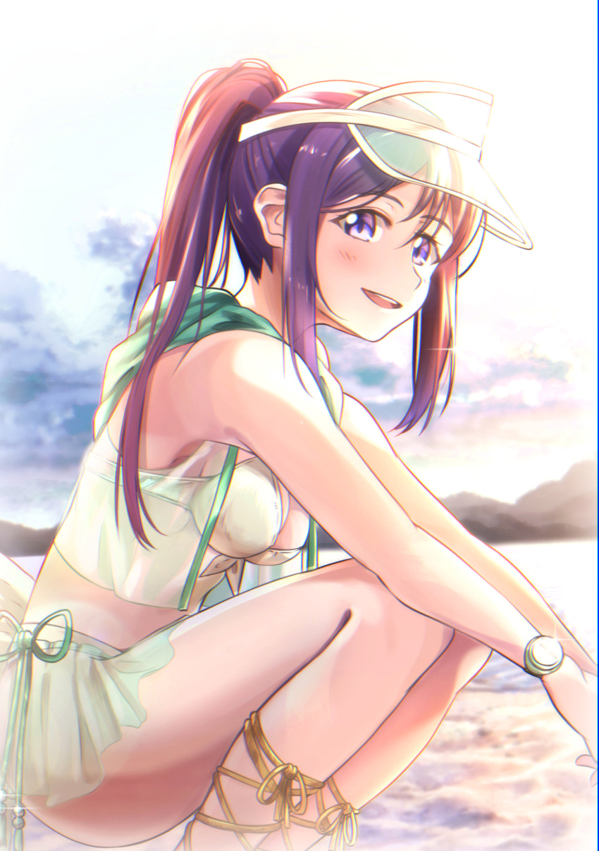 1girl :d absurdres ankle_lace-up arms_on_knees bikini bikini_skirt blue_hair blush breasts commentary_request cross-laced_footwear day from_side front-tie_bikini front-tie_top green_bikini highres hood hood_down long_hair looking_at_viewer love_live! love_live!_school_idol_project matsuura_kanan medium_breasts open_mouth outdoors ponytail purple_hair shaka_(staito0515) side-tie_bikini sidelocks smile solo squatting swimsuit vest violet_eyes visor_cap watch watch