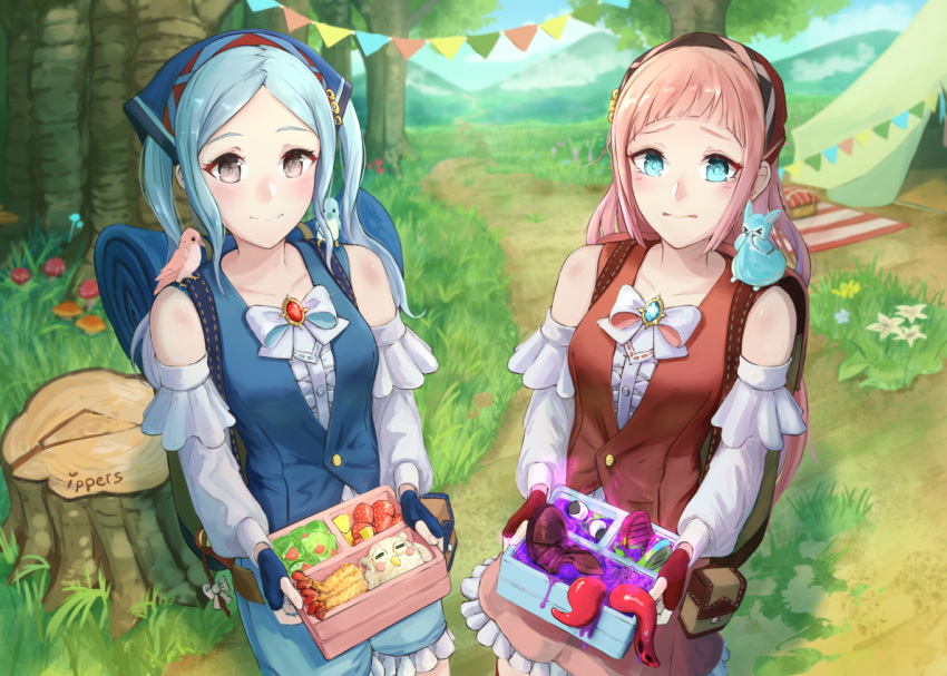 2girls alternate_costume animal animal_on_shoulder aqua_eyes aqua_hair arm_warmers artist_name backpack bag bangs bird_on_shoulder blanket blue_gloves blue_headwear blue_skirt blue_vest blunt_bangs blush bow bowtie breasts brooch clouds cloudy_sky collarbone cowboy_shot day eyeball feh_(fire_emblem_heroes) felicia_(fire_emblem_if) fingerless_gloves fire_emblem fire_emblem_heroes fire_emblem_if flora_(fire_emblem_if) flower food frilled_skirt frills fruit gloves grass grey_eyes ippers jewelry long_hair looking_at_viewer medium_breasts medium_hair mountain multiple_girls mushroom nintendo obentou outdoors parted_bangs picnic_basket pink_hair pink_skirt red_gloves red_headwear red_vest rice shirt siblings signature sisters skirt sky sleeveless smile squirrel strawberry tareme tempura tent tentacle tree tree_stump twintails vest white_neckwear