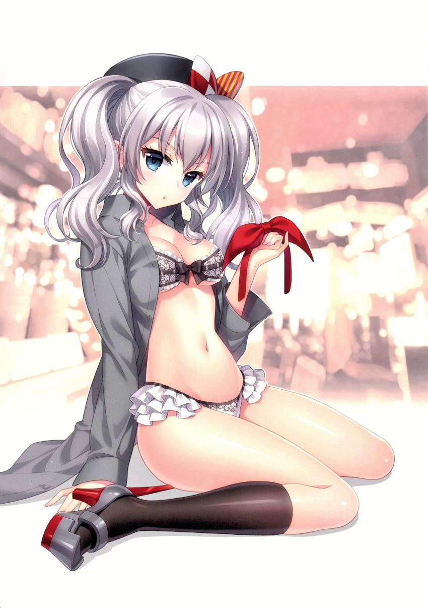 1girl absurdres an2a arm_support bangs beret black_legwear blue_hair blurry blurry_background bra breasts cleavage collarbone eyebrows_visible_through_hair frills fur_trim grey_shirt hat highres kantai_collection kashima_(kantai_collection) lingerie long_hair long_sleeves looking_at_viewer medium_breasts navel open_clothes open_shirt panties scan shiny shiny_hair shiny_skin shirt shoes silver_hair simple_background sitting solo stomach twintails underwear wariza
