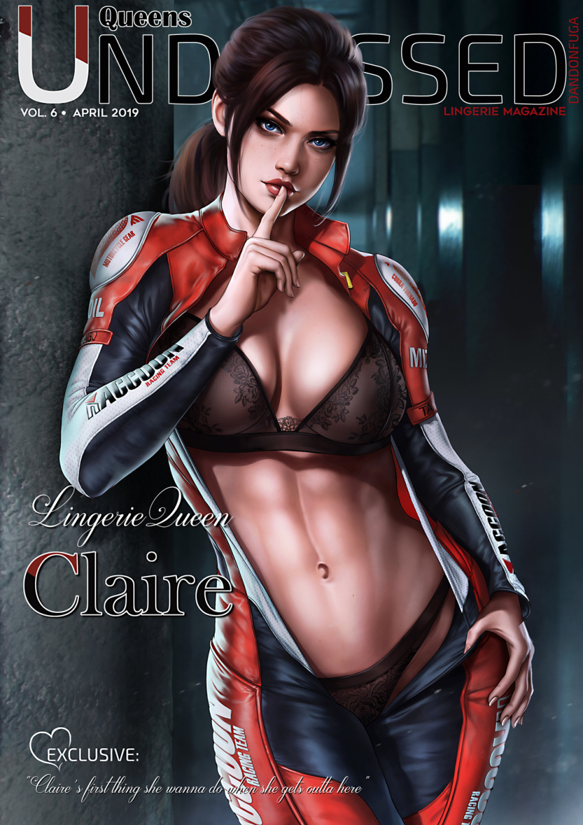 1girl abs against_wall biker_clothes bikesuit black_bra black_panties bra breasts brown_hair claire_redfield cleavage cover dandon_fuga dated finger_to_mouth freckles hand_on_hip highres lace lace-trimmed_bra lace-trimmed_panties looking_at_viewer magazine_cover panties parted_lips ponytail resident_evil resident_evil_2 solo toned underwear unzipped