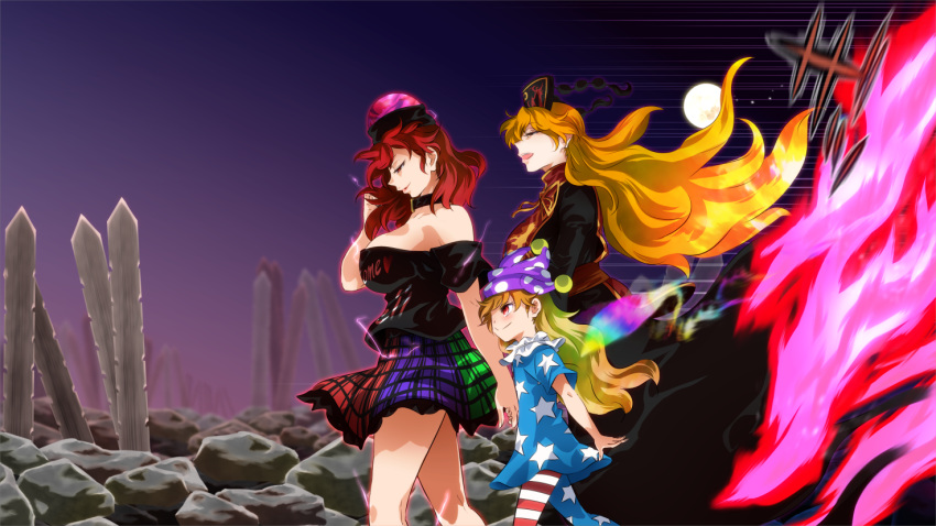3girls :d american_flag_dress american_flag_legwear aura bare_shoulders black_choker black_dress black_shirt blade blue_dress blue_legwear blush breasts choker clothes_writing clownpiece commentary_request dress fairy_wings feet_out_of_frame floating_hair from_side full_moon gradient_sky green_skirt half-closed_eyes hand_up hat headdress hecatia_lapislazuli jester_cap junko_(touhou) large_breasts long_hair long_sleeves looking_down moon motion_lines multicolored multicolored_clothes multicolored_skirt multiple_girls neck_ribbon neck_ruff off-shoulder_shirt off_shoulder open_mouth orange_hair outdoors pantyhose parted_lips pink_eyes plaid plaid_skirt polka_dot polka_dot_hat polos_crown profile purple_headwear purple_skirt purple_sky red_eyes red_legwear red_sash red_skirt redhead ribbon rock sash shirt short_sleeves shundou_heishirou skirt sky smile star star_print striped striped_legwear t-shirt tabard tassel thighs touhou very_long_hair walking white_legwear wings yellow_neckwear yellow_ribbon