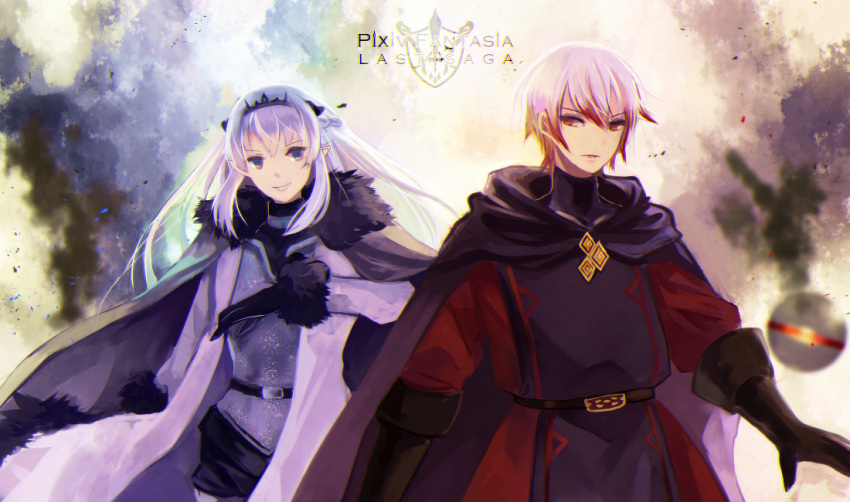 1boy 1girl 3yuazr belt black_gloves braid brown_gloves cape copyright_name ezel_the_king_of_fire_and_iron gloves grey_cape hood hood_down long_hair looking_at_viewer pixiv_fantasia pixiv_fantasia_last_saga sidelocks standing white_hair zera_the_hornless_empress