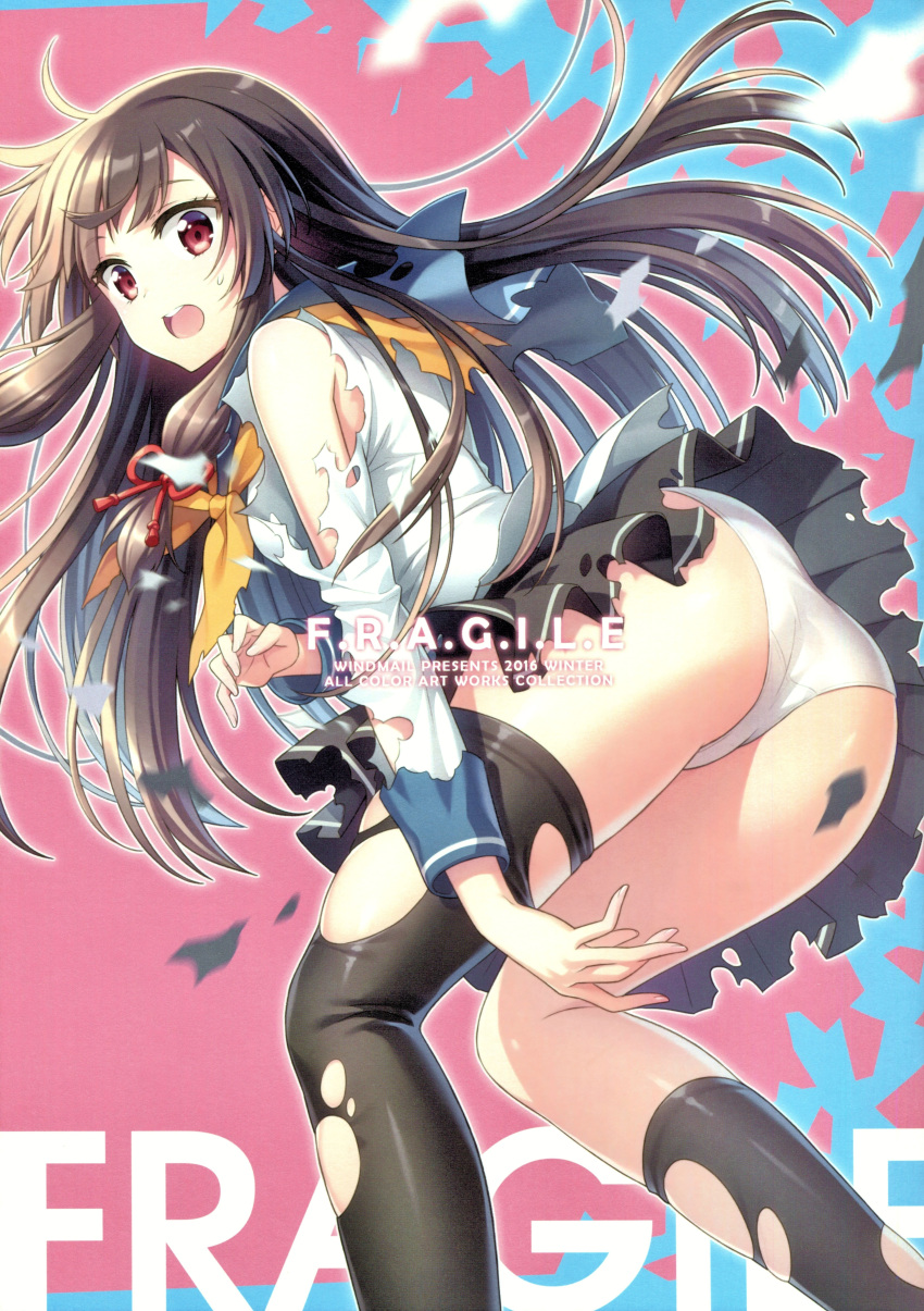 1girl absurdres an2a bangs bare_shoulders black_legwear brown_hair from_behind highres isokaze_(kantai_collection) kantai_collection long_hair long_sleeves looking_at_viewer looking_back open_mouth panties pleated_skirt red_eyes sailor_collar scan school_uniform shiny shiny_hair shiny_skin simple_background skirt solo thigh-highs torn_clothes torn_skirt underwear white_panties