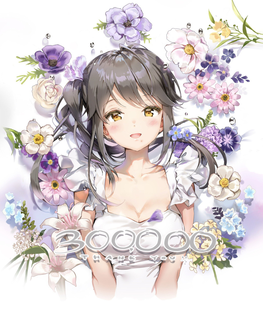1girl :d anmi bangs black_hair blue_flower breasts brown_eyes cleavage collarbone cropped_torso dress eyebrows_visible_through_hair flower highres leaf long_hair medium_breasts open_mouth original pink_flower puplre_flower side_ponytail sidelocks smile solo upper_body white_dress white_flower yellow_flower