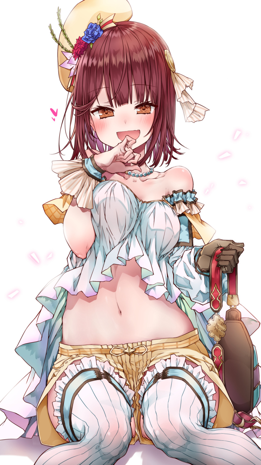 1girl :d alt asymmetrical_gloves atelier_(series) atelier_sophie bare_shoulders blue_flower blush breasts brown_eyes brown_gloves brown_hair collarbone crop_top detached_sleeves eyebrows_visible_through_hair finger_to_mouth flower frilled_legwear gloves hair_ornament hat hat_flower heart highres holding_strap jewelry looking_at_viewer medium_breasts midriff navel necklace open_mouth pink_flower pinky_to_mouth red_flower shiny shiny_hair short_hair short_shorts shorts sitting smile solo sophie_neuenmuller standing standing_on_one_leg stomach strapless thigh-highs thigh_strap white_background white_legwear wrist_cuffs yellow_headwear