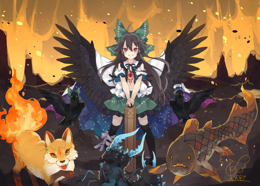 1girl ahoge arm_cannon bandage bandaged_leg bandages bangs bare_shoulders bird black_hair black_legwear black_wings blue_neckwear blue_ribbon bow bug cape commentary_request eyebrows_visible_through_hair feathered_wings fiery_tail fish fox frilled_shirt_collar frills green_bow green_skirt grin hair_between_eyes hair_bow hat highres insect long_hair mini_hat mini_top_hat miniskirt navel neck_ribbon open_clothes open_shirt petticoat puffy_short_sleeves puffy_sleeves raven_(animal) red_eyes reiuji_utsuho reiuji_utsuho_(bird) ribbon shirt short_sleeves shoulder_cutout signature skirt smile solo standing stomach tail thigh-highs tongue tongue_out top_hat touhou toutenkou very_long_hair weapon white_cape white_headwear white_shirt wings zettai_ryouiki