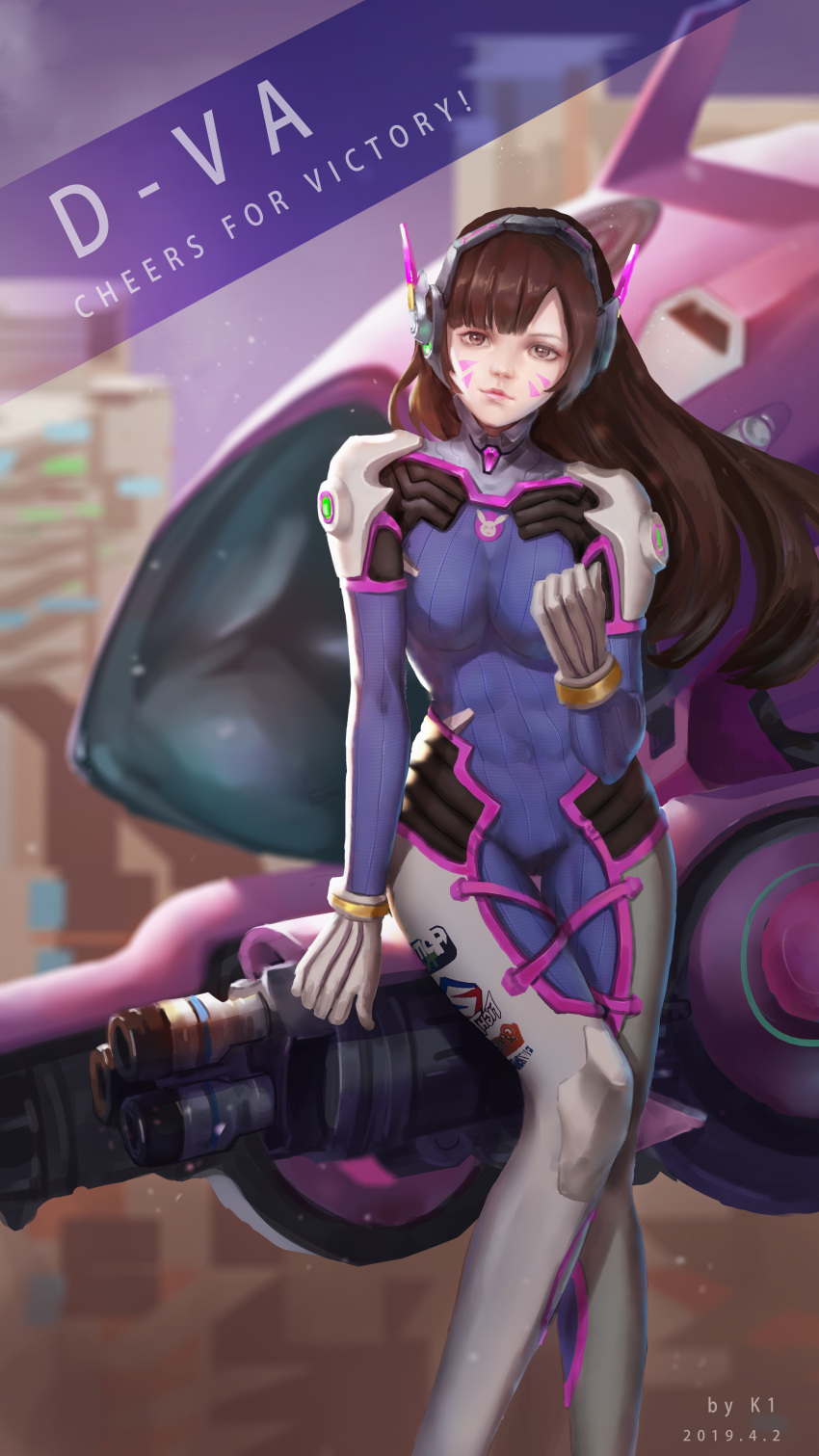 1girl absurdres acronym against_mecha animal_print artist_name backlighting bangs blue_bodysuit bodysuit breasts brown_eyes brown_hair building bunny_print character_name clenched_hands clothes_writing covered_navel cowboy_shot d.va_(overwatch) dated facepaint facial_mark gatling_gun gloves headphones high_collar highres leaning_forward lips long_hair looking_at_viewer mecha meka_(overwatch) nose outdoors overwatch pilot_suit pink_lips ribbed_bodysuit shoulder_pads signature skin_tight skyscraper small_breasts solo standing swept_bangs thigh_gap user_zfaa4554 whisker_markings white_gloves