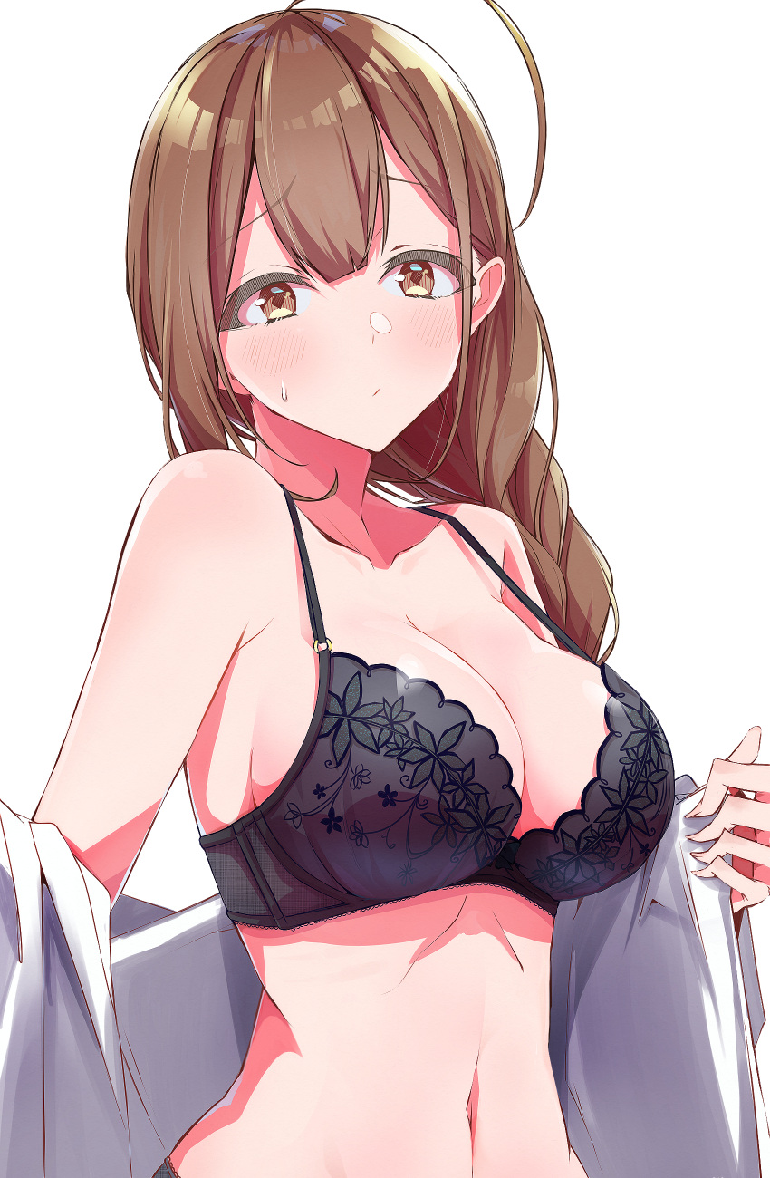 1girl absurdres ahoge bangs black_bra blush bra braid breasts brown_eyes brown_hair cleavage collarbone eyebrows_visible_through_hair hair_over_shoulder highres idolmaster idolmaster_shiny_colors kuwayama_chiyuki large_breasts lingerie long_braid long_hair looking_at_viewer navel okuzashiki open_clothes single_braid solo underwear yellow_eyes