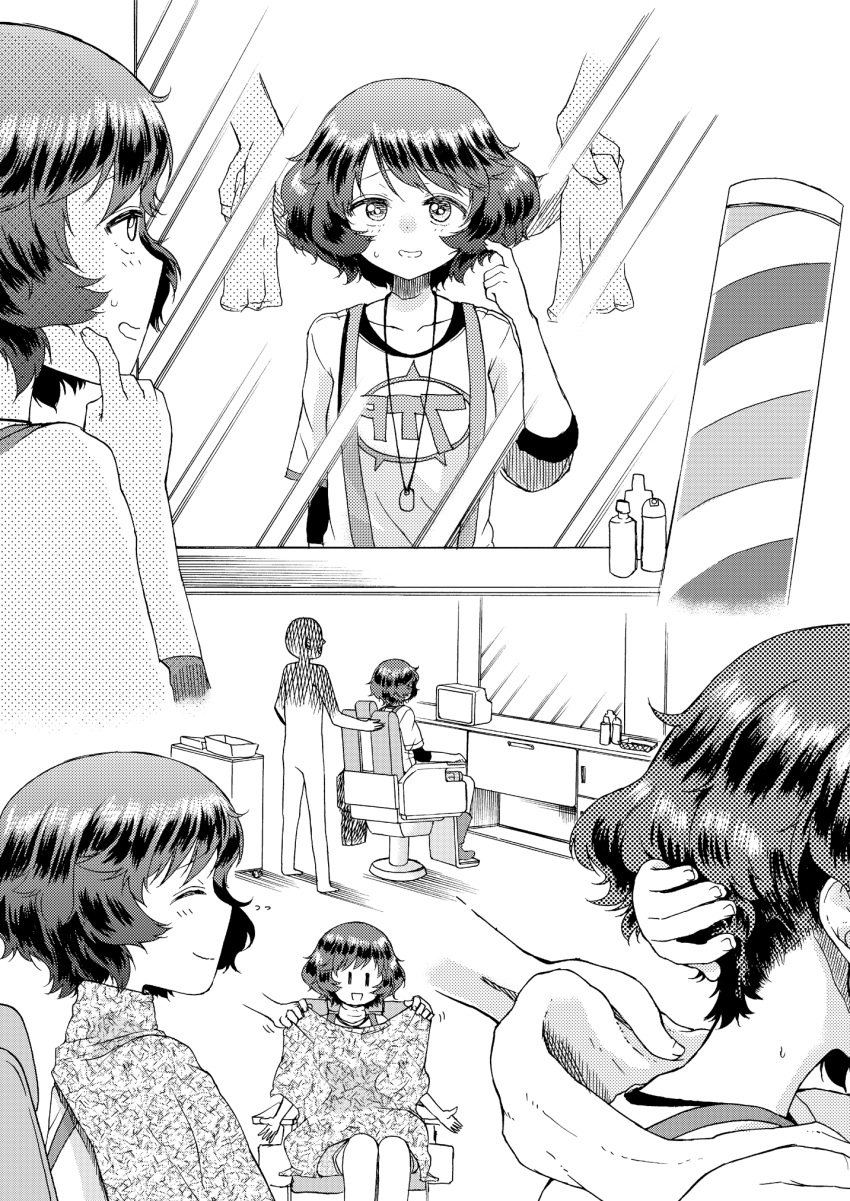 1girl adjusting_another's_hair akiyama_yukari bang barber barber_chair barber_pole blush bottle closed_eyes dog_tags doujinshi faceless faceless_male finger_gun girls_und_panzer hand_in_another's_hair hand_on_another's_head highres hirota_masatane indoors jewelry messy_hair mirror monochrome neck necklace scratching_head screentones short_hair short_sleeves shy sitting suspenders |_|