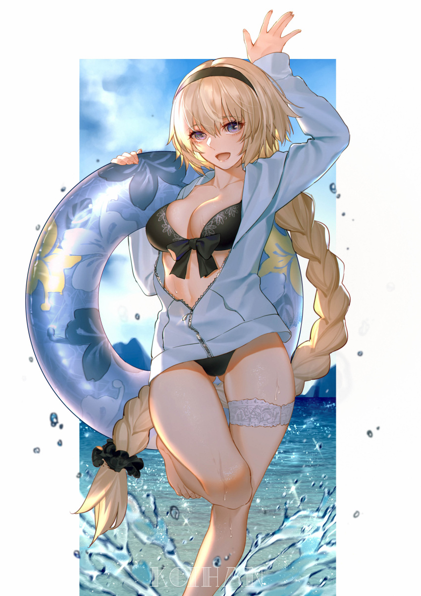 1girl :d absurdres arm_up artist_name bangs bikini black_bikini black_scrunchie blonde_hair blue_eyes blue_jacket blue_sky blush bow_bikini braid breasts cleavage clouds cloudy_sky collarbone commentary_request day eyebrows_visible_through_hair fate/grand_order fate_(series) fingernails floral_print hair_between_eyes hair_ornament hair_scrunchie hand_up highres innertube jacket jeanne_d'arc_(fate)_(all) jeanne_d'arc_(swimsuit_archer) koi_han long_hair long_sleeves looking_at_viewer medium_breasts navel open_clothes open_jacket open_mouth scrunchie sidelocks single_braid sky smile solo splashing standing standing_on_one_leg swimsuit very_long_hair water water_drop