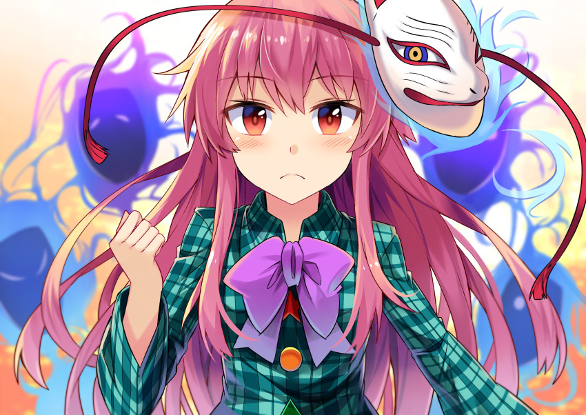 1girl absurdres aqua_shirt bangs blush bow bowtie circle clenched_hand commentary_request e.o. eyebrows_visible_through_hair fox_mask gradient gradient_background hand_up hata_no_kokoro highres long_hair long_sleeves looking_at_viewer mask mask_on_head orange_background pink_hair plaid plaid_shirt purple_bow purple_neckwear red_eyes shirt solo star tassel touhou triangle upper_body very_long_hair white_background