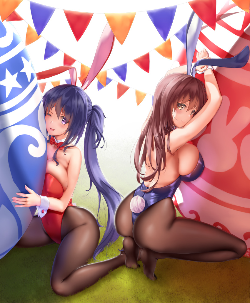 2girls absurdres animal_ears ass black_hair black_legwear black_leotard bow bowtie breasts brown_eyes brown_hair bunny_girl bunny_tail bunnysuit cleavage commentary_request detached_collar easter_egg egg full_body grass highres jiangjin_nanyun_zhi_(kumita) large_breasts leotard long_hair multiple_girls original pantyhose rabbit_ears red_leotard red_neckwear sitting strapless strapless_leotard string_of_flags tail twintails violet_eyes wariza wrist_cuffs