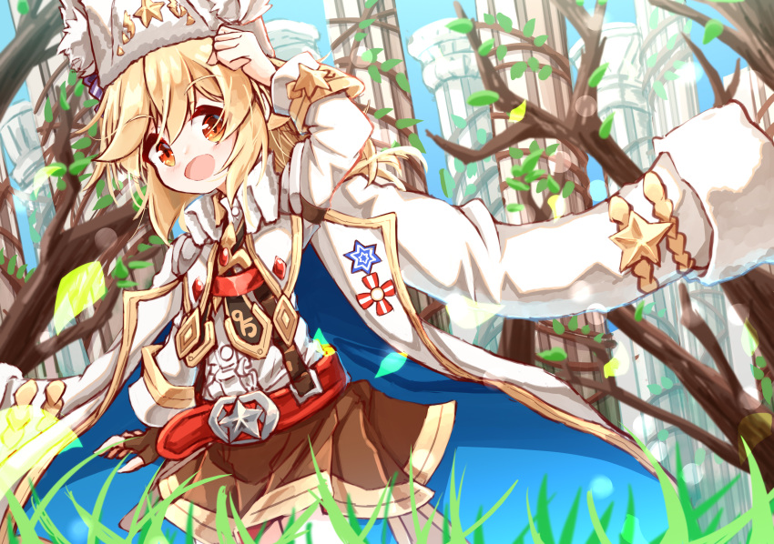 1girl :d absurdres animal_ear_fluff animal_ears animal_hat arm_up bangs belt belt_buckle blonde_hair blue_sky blush brown_gloves brown_skirt buckle center_frills column commentary_request day eyebrows_visible_through_hair fingerless_gloves frills fur_hat girls_frontline gloves grass hair_between_eyes hat highres jacket jacket_on_shoulders long_hair looking_at_viewer matsuo_(matuonoie) nagant_revolver_(girls_frontline) open_mouth outdoors pillar red_belt red_eyes shirt single_glove skirt sky smile solo white_headwear white_jacket white_shirt