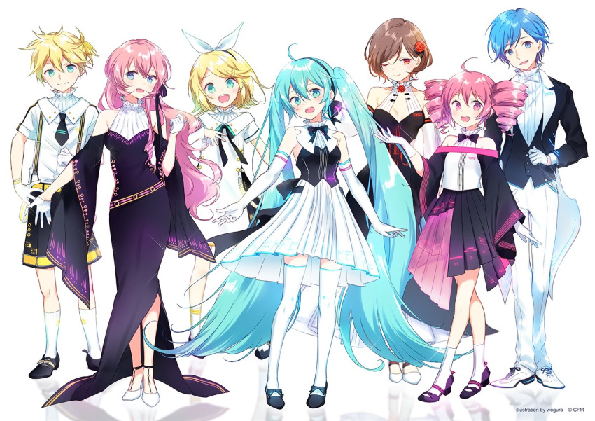 2boys 5girls ahoge aqua_eyes aqua_hair bare_shoulders blonde_hair blue_eyes blue_hair blush bow bowtie brown_hair commentary crypton_future_media dress dress_shirt dress_suit drill_hair elbow_gloves flower formal full_body gloves hair_bow hair_flower hair_ornament hairclip halter_dress halterneck hatsune_miku kagamine_len kagamine_rin kaito kasane_teto long_hair looking_at_viewer megurine_luka meiko miku_symphony_(vocaloid) multiple_boys multiple_girls necktie one_eye_closed pant_suit pink_hair red_eyes redhead reflection rose shirt short_hair sleeveless sleeveless_dress smile straight_hair suit twin_drills twintails very_long_hair vocaloid white_background white_gloves wide_sleeves wogura