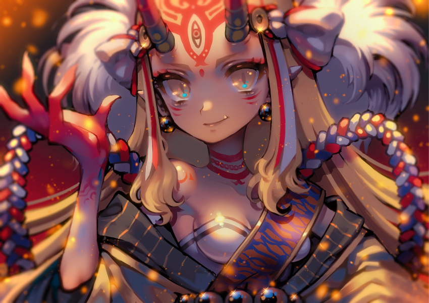 1girl bare_shoulders blonde_hair breasts cleavage commentary_request earrings facial_mark fang fang_out fate/grand_order fate_(series) highres horns ibaraki_douji_(fate/grand_order) japanese_clothes jewelry jigenn kimono long_hair looking_at_viewer medium_breasts oni oni_horns pointy_ears short_sleeves solo tattoo yellow_eyes