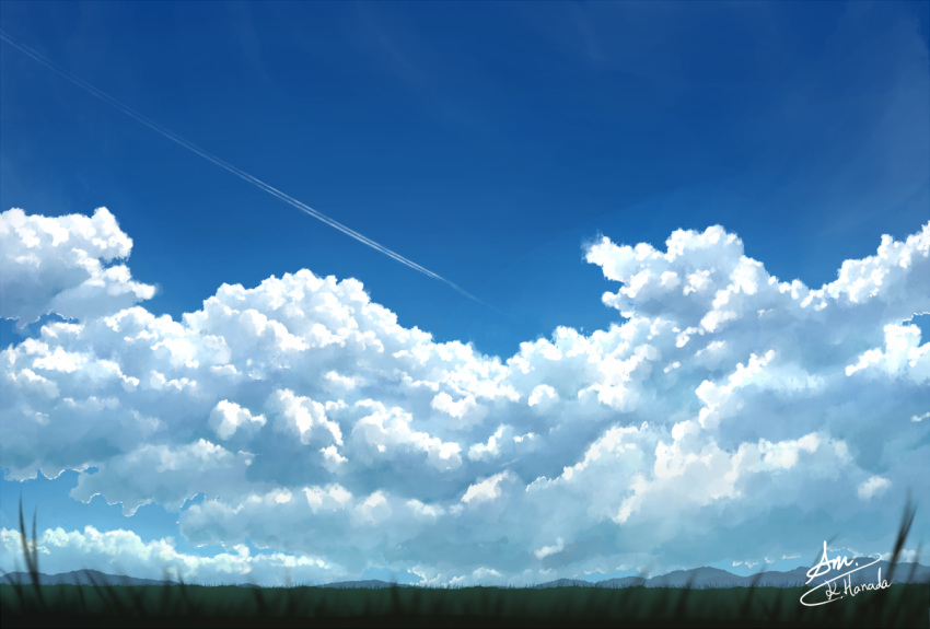 alu.m_(alpcmas) artist_name blue_sky clouds cloudy_sky day grass mountainous_horizon no_humans original outdoors signature sky