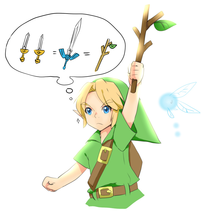 1boy 1girl arm_up bangs belt blonde_hair blue_eyes brown_belt clenched_hand commentary_request cropped_torso equal_sign eyebrows_visible_through_hair fairy fairy_wings green_headwear green_tunic highres holding holding_stick leaf link master_sword navi nintendo phrygian_cap short_sleeves simple_background sparkle stick sweat the_legend_of_zelda the_legend_of_zelda:_ocarina_of_time thought_bubble tunic upper_body white_background wings yamage_yuki young_link