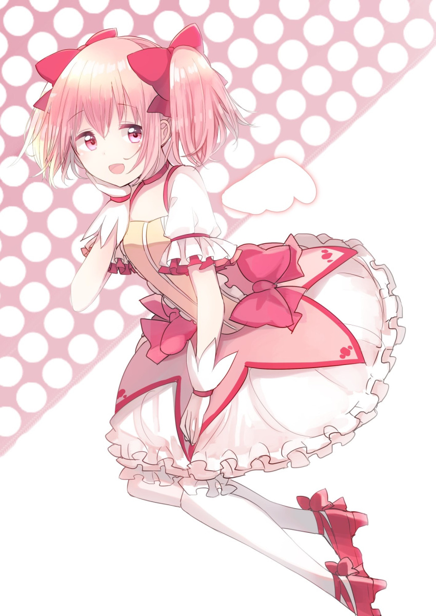 1girl :d aabtcndneefkg ankle_bow ankle_ribbon bow choker eyebrows_visible_through_hair frilled_skirt frills hair_between_eyes hand_on_own_cheek highres kaname_madoka looking_at_viewer mahou_shoujo_madoka_magica medium_skirt open_mouth pink_eyes pink_hair red_bow red_footwear red_ribbon ribbon shiny shiny_hair short_hair short_sleeves skirt smile solo twintails white_background white_legwear white_skirt
