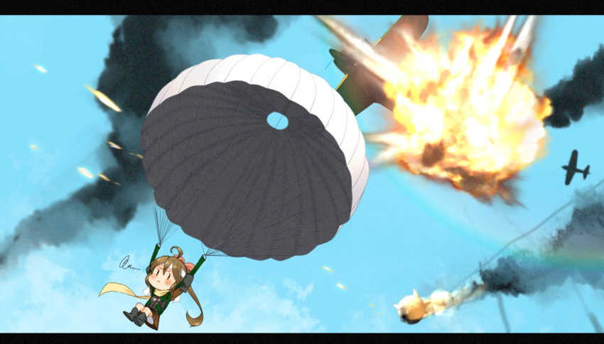 1girl aircraft aircraft_request airplane annin_musou blue_sky boots brown_eyes check_commentary clouds commentary_request day explosion fairy_(kantai_collection) gloves kantai_collection minigirl outdoors parachute sky solo twintails |_|