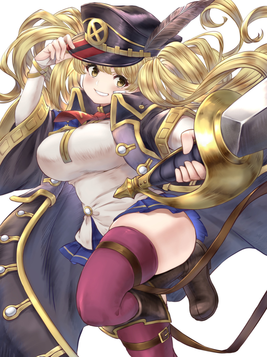 1girl bangs black_coat black_headwear blonde_hair blue_skirt blush boots breasts bridal_gauntlets brown_footwear coat granblue_fantasy hat highres holding holding_sword holding_weapon kent0320 large_breasts long_hair long_sleeves looking_at_viewer monica_weisswind peaked_cap pleated_skirt red_legwear shirt simple_background skirt solo sword thigh-highs twintails weapon white_background white_shirt yellow_eyes