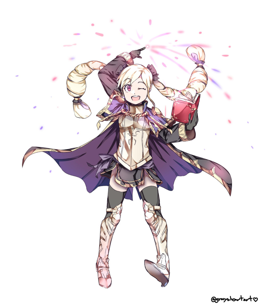 1girl armor black_gloves black_legwear blonde_hair book cape commission elise_(fire_emblem_if) fire_emblem fire_emblem_if full_body gloves graysheartart highres holding holding_book long_hair long_sleeves multicolored_hair nintendo one_eye_closed open_book open_mouth purple_hair simple_background solo twintails twitter_username violet_eyes white_background