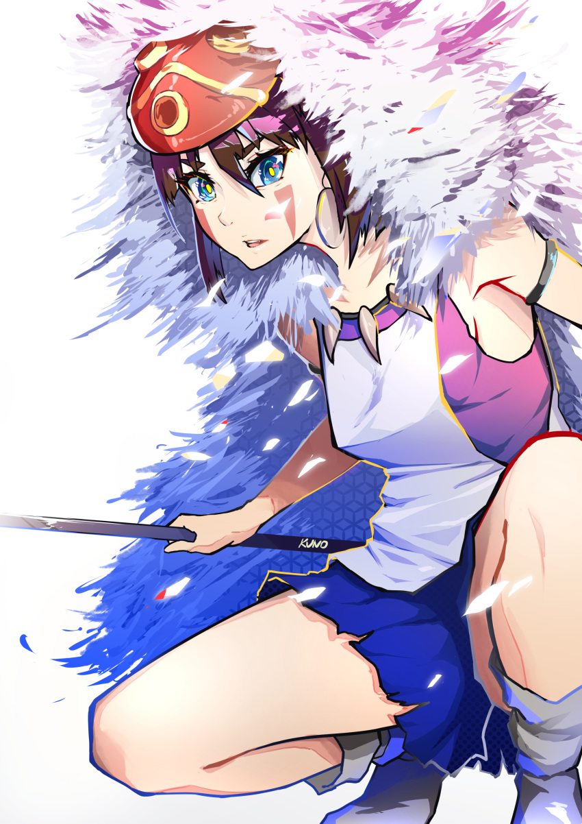 1girl absurdres bare_arms breasts brown_hair commentary_request earrings facepaint facial_mark fur headband highres jewelry kuno_(runkunochan) looking_at_viewer mask mononoke_hime necklace polearm san short_hair simple_background solo spear tooth_necklace weapon white_background
