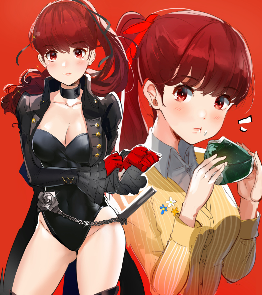 /\/\/\ 1girl black_jacket black_legwear black_leotard contrapposto cowboy_shot eating food food_on_face gloves highres jacket leotard long_hair looking_at_viewer multiple_views onigiri ormille persona persona_5 persona_5_the_royal playboy_bunny_leotard ponytail red_background red_eyes red_gloves redhead simple_background standing striped_cardigan thigh-highs upper_body yellow_cardigan yoshizawa_kasumi