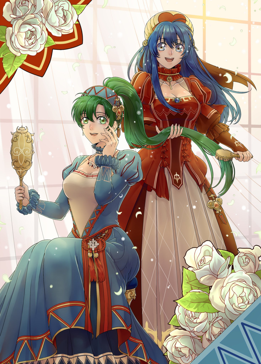 2girls blue_eyes blue_hair dress earrings fingerless_gloves fire_emblem fire_emblem:_fuuin_no_tsurugi fire_emblem:_rekka_no_ken fire_emblem_heroes gloves green_eyes green_hair hairband hat high_ponytail highres intelligent_systems jewelry lilina long_hair lyndis_(fire_emblem) mother_and_daughter multiple_girls nintendo ponytail rokusashu super_smash_bros. white_background