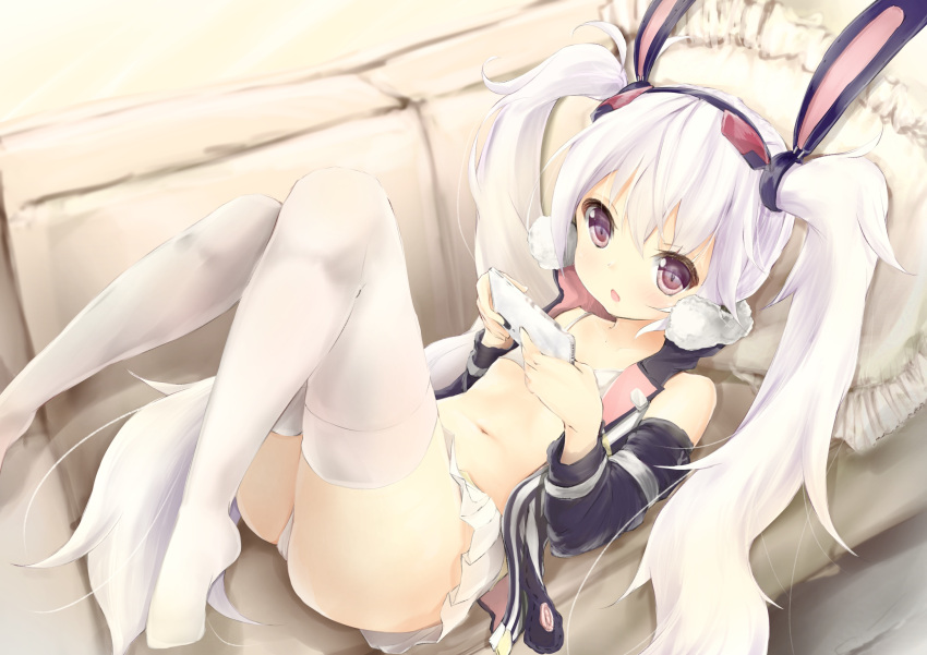 1girl animal_ears azur_lane bangs bare_shoulders bikini_top black_hairband black_jacket black_sleeves blush cellphone commentary_request couch detached_sleeves eyebrows_visible_through_hair frilled_pillow frills hair_between_eyes hairband highres holding holding_cellphone holding_phone jacket knees_up laffey_(azur_lane) long_hair long_sleeves looking_at_viewer lying maru_shion navel on_back on_couch open_clothes open_jacket open_mouth panties pantyshot pantyshot_(lying) phone pillow pleated_skirt rabbit_ears skirt sleeveless_jacket solo thigh-highs twintails underwear very_long_hair violet_eyes white_bikini_top white_hair white_legwear white_panties white_skirt