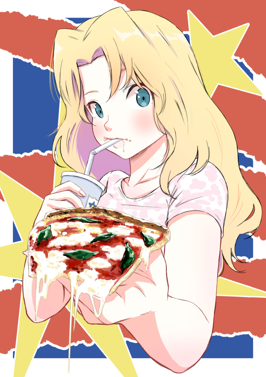 1girl blonde_hair blue_eyes commentary cropped_torso cup disposable_cup drinking_straw dripping emblem food food_in_mouth foreshortening girls_und_panzer hair_intakes highres holding holding_cup holding_food kay_(girls_und_panzer) lips long_hair looking_at_viewer offering oze_(xyz_go_go11) pizza saunders_(emblem) shirt short_sleeves solo standing star t-shirt upper_body white_shirt