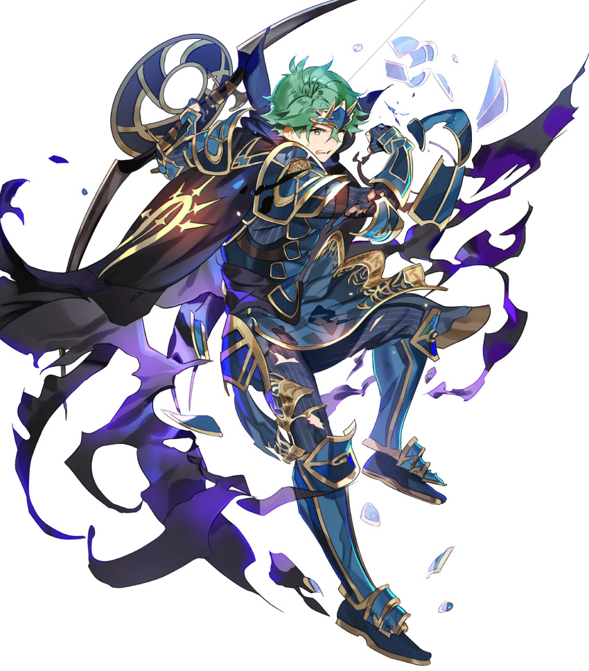 1boy alm_(fire_emblem) alternate_costume arai_teruko armor armored_boots boots bow_(weapon) cape fingerless_gloves fire_emblem fire_emblem_echoes:_mou_hitori_no_eiyuuou fire_emblem_heroes full_body gloves green_eyes green_hair hair_ornament highres male_focus nintendo official_art one_eye_closed open_mouth teeth torn_clothes transparent_background weapon